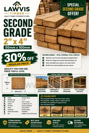 SECOND GRADE 2” × 4” TIMBER | 50 × 100 Mm | 30% OFF