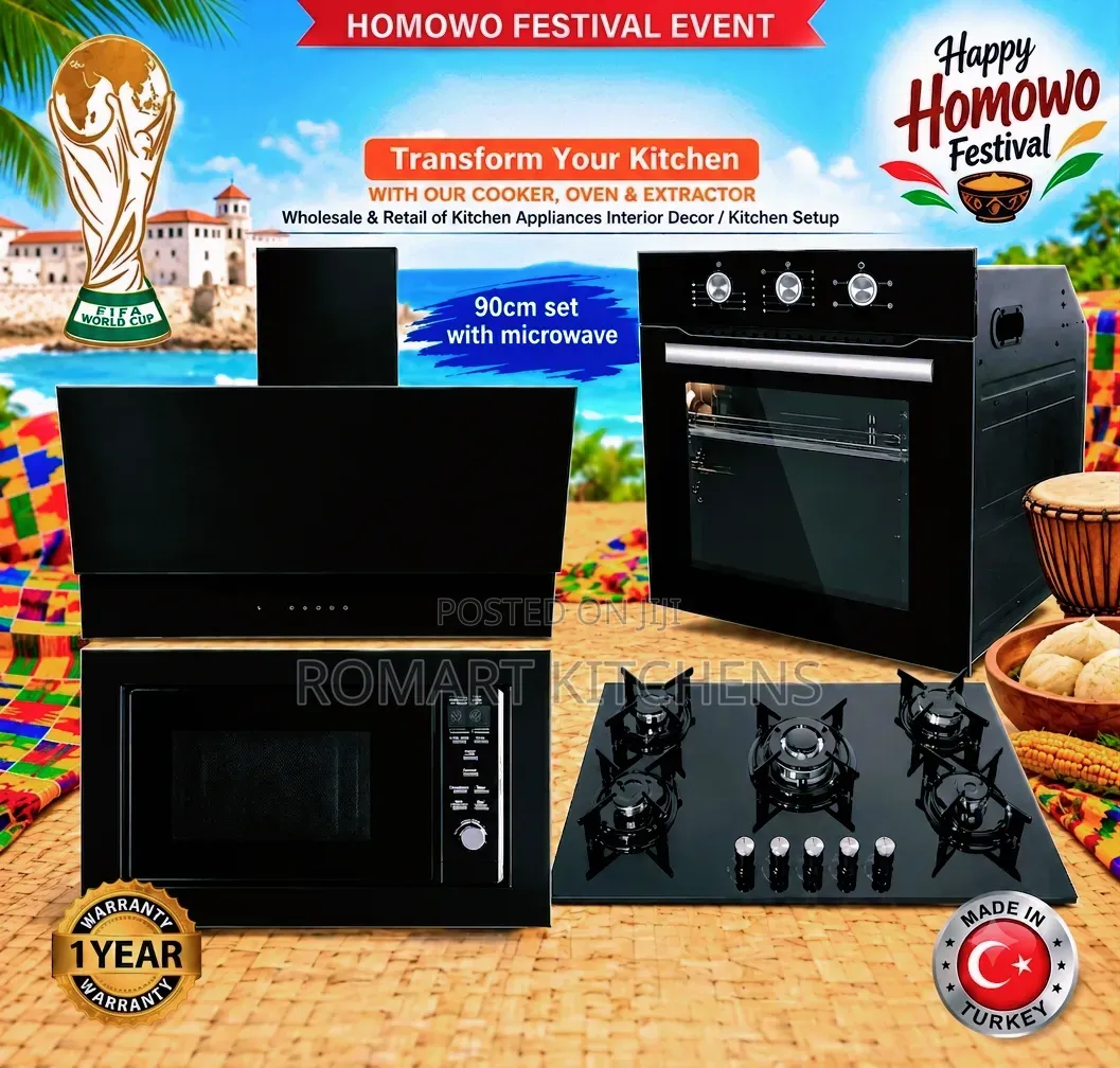 Turkish 90cm Glass Set. Oven, Burner, Microwave and Heat Extractor
