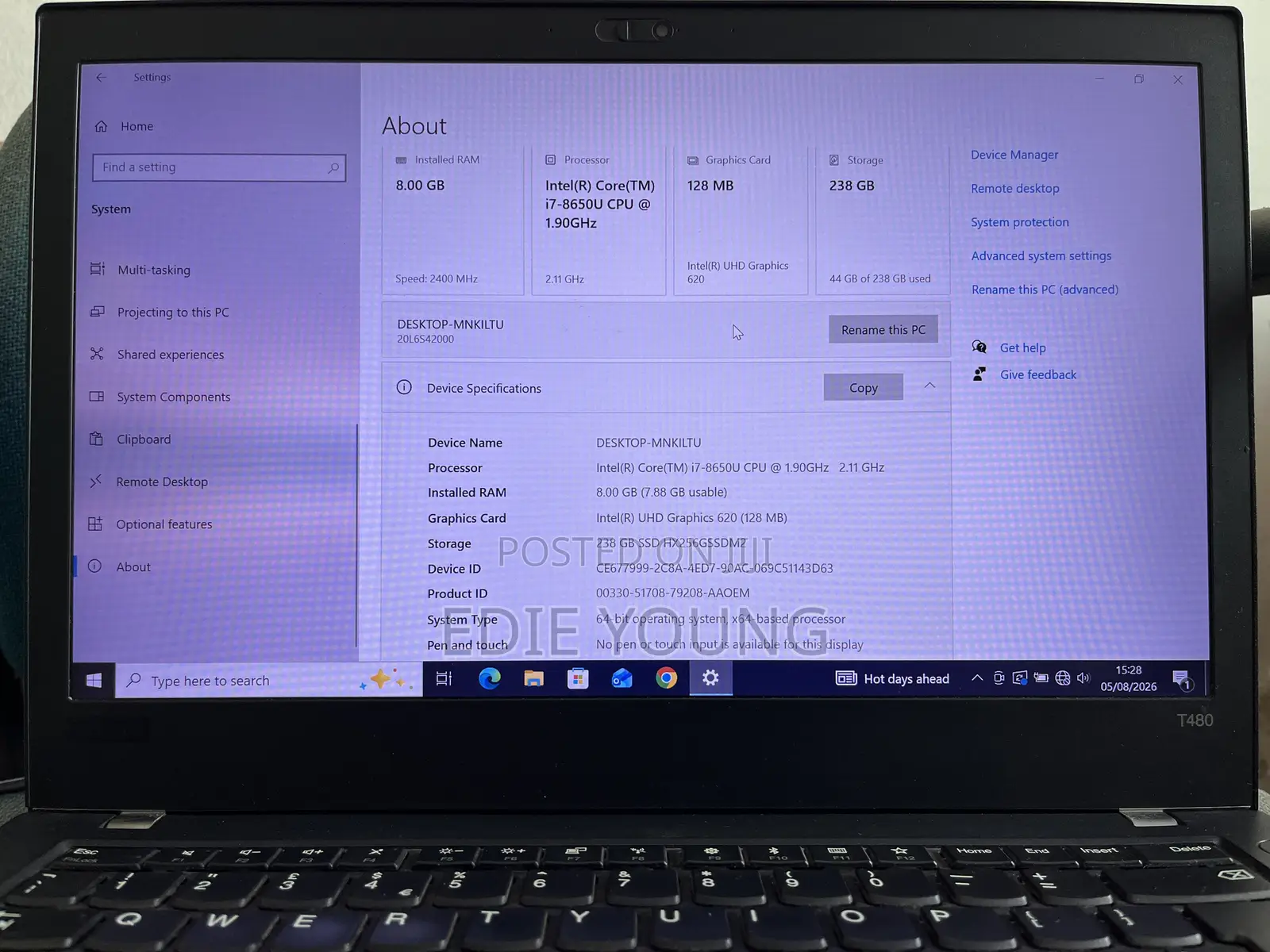 Laptop Lenovo ThinkPad T480 8GB Intel Core i7 SSD 256GB