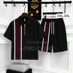 Men's Quarter-Zip Polo Shorts Set – Black