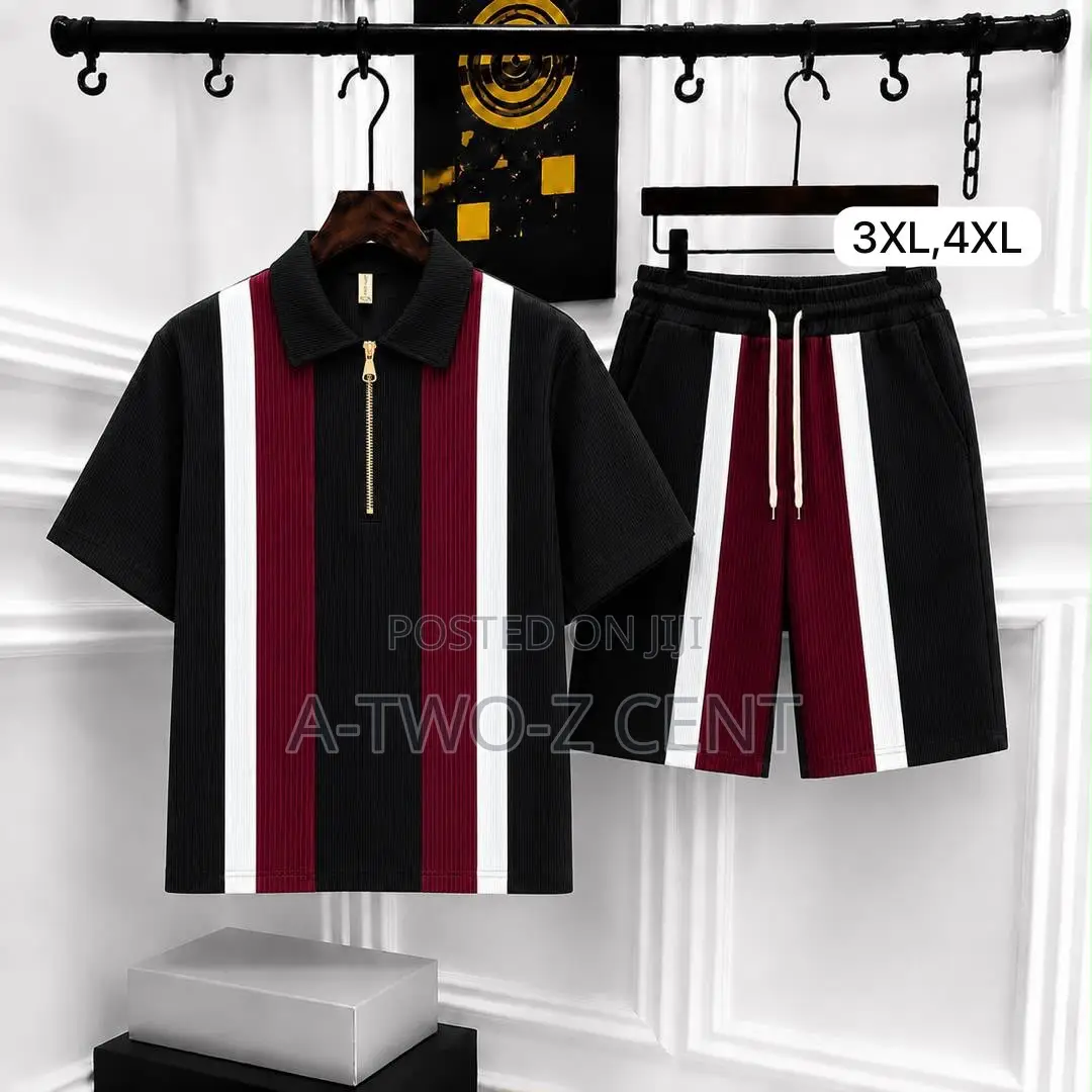 Men's Quarter-Zip Polo Shorts Set – Black