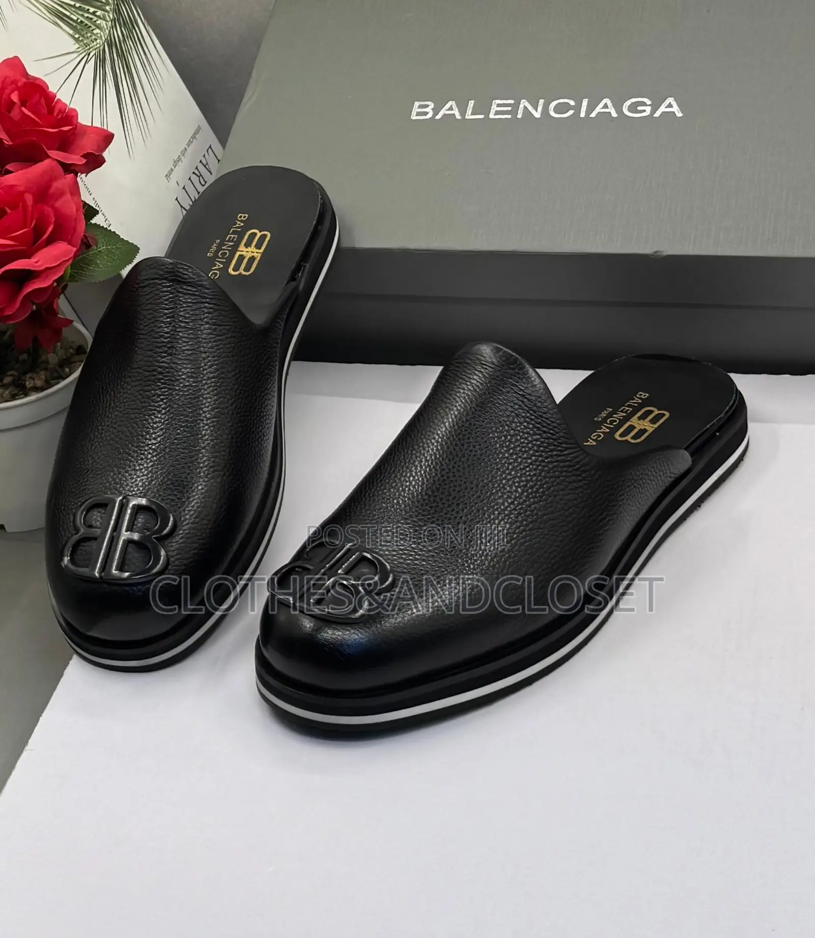 Balenciaga Cosy BB Mules Featuring a Black Textured Leather Upper