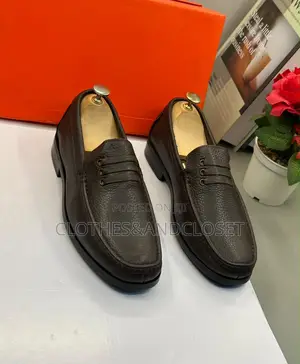 Brown Pebble-Grain Leather Penny Loafers