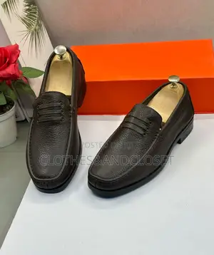 Brown Pebble-Grain Leather Penny Loafers