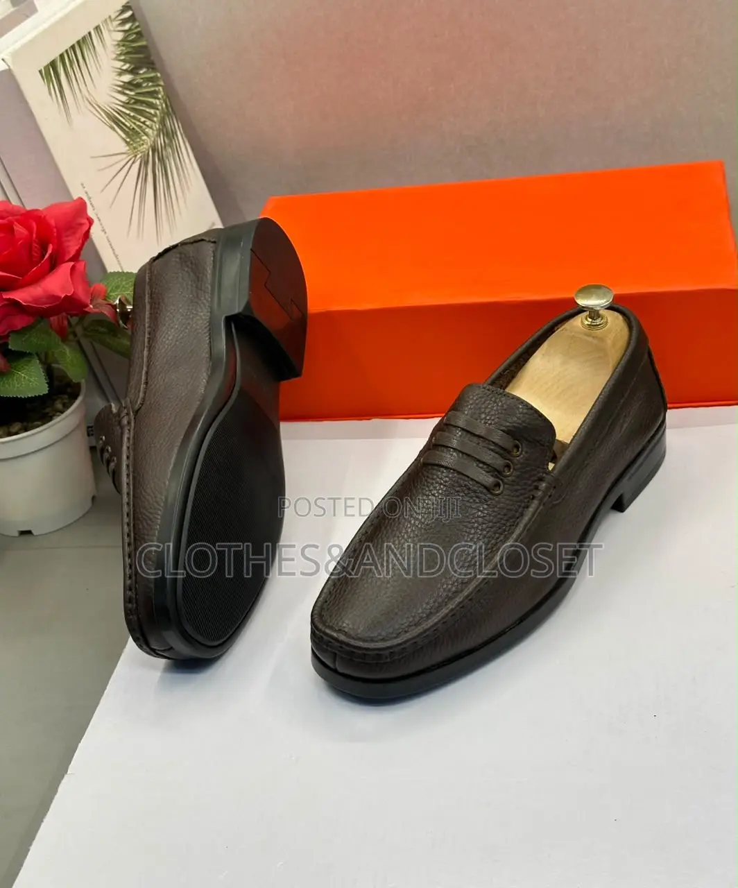 Brown Pebble-Grain Leather Penny Loafers