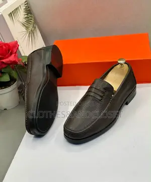 Brown Pebble-Grain Leather Penny Loafers
