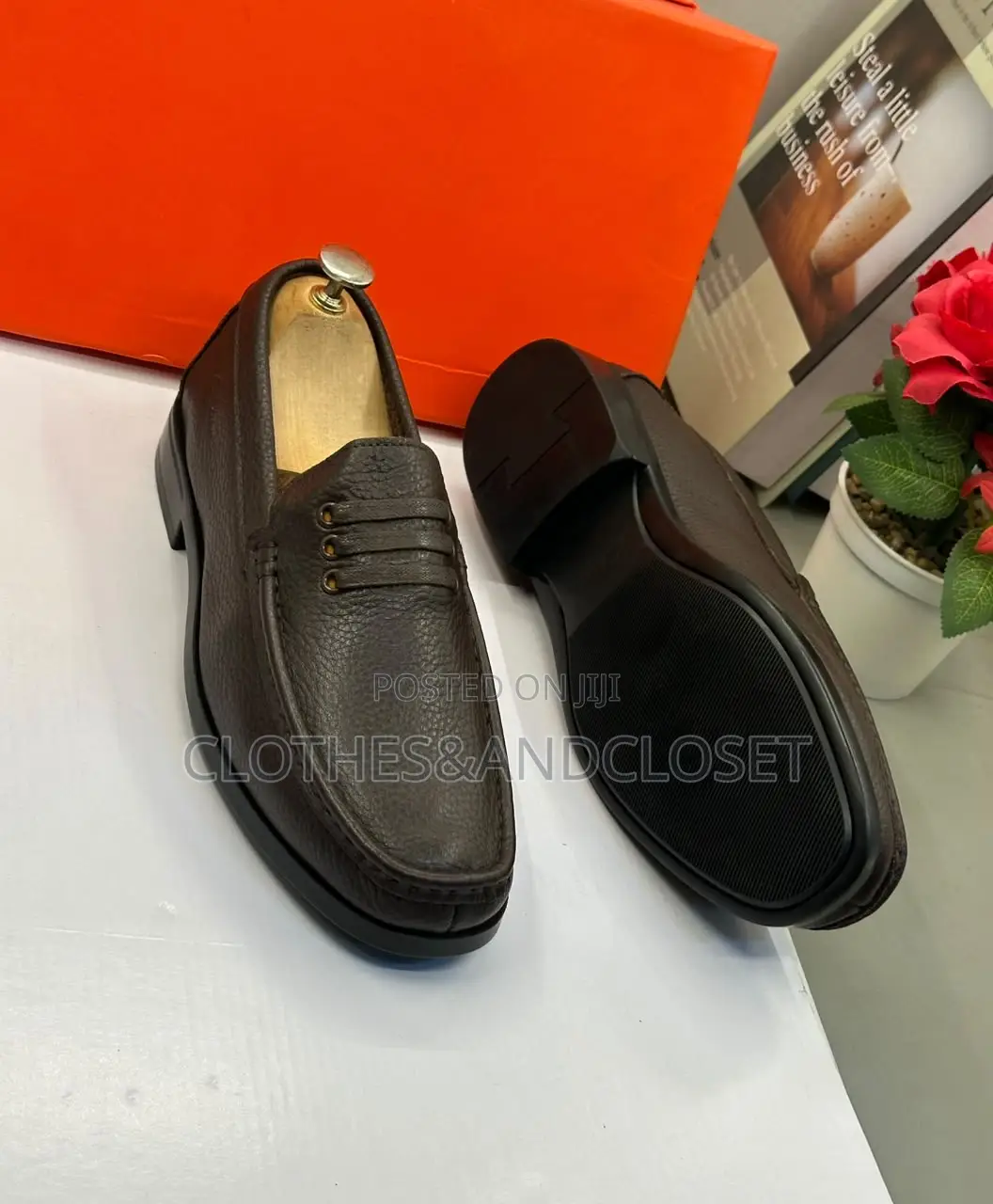 Brown Pebble-Grain Leather Penny Loafers
