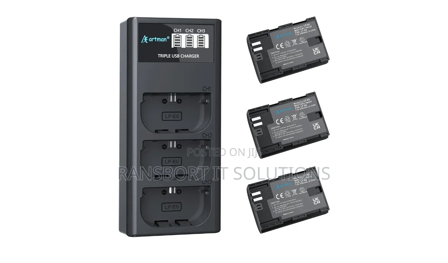 Artman LP-E6N LP-E6 Battery 3-Pack 2750mAh and 3-Slot LCD Charger