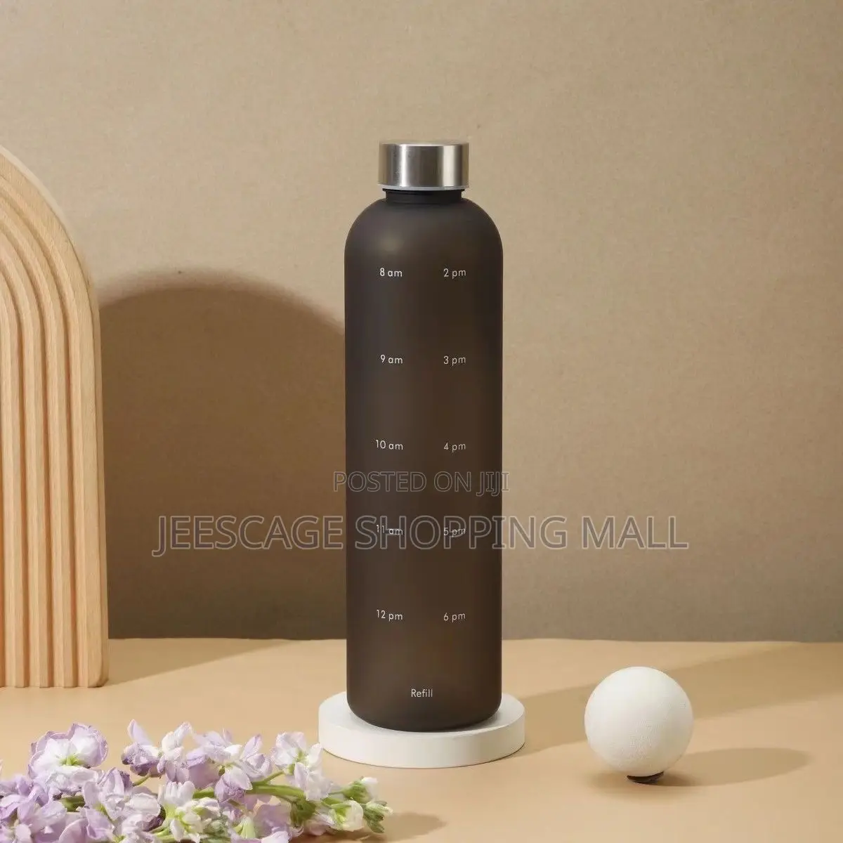 Matte Black Time-Marked Hydration Water Bottle With Silver Cap