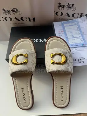 Coach Signature Monogram Slippers Gold-Tone C Logo Flat Slides