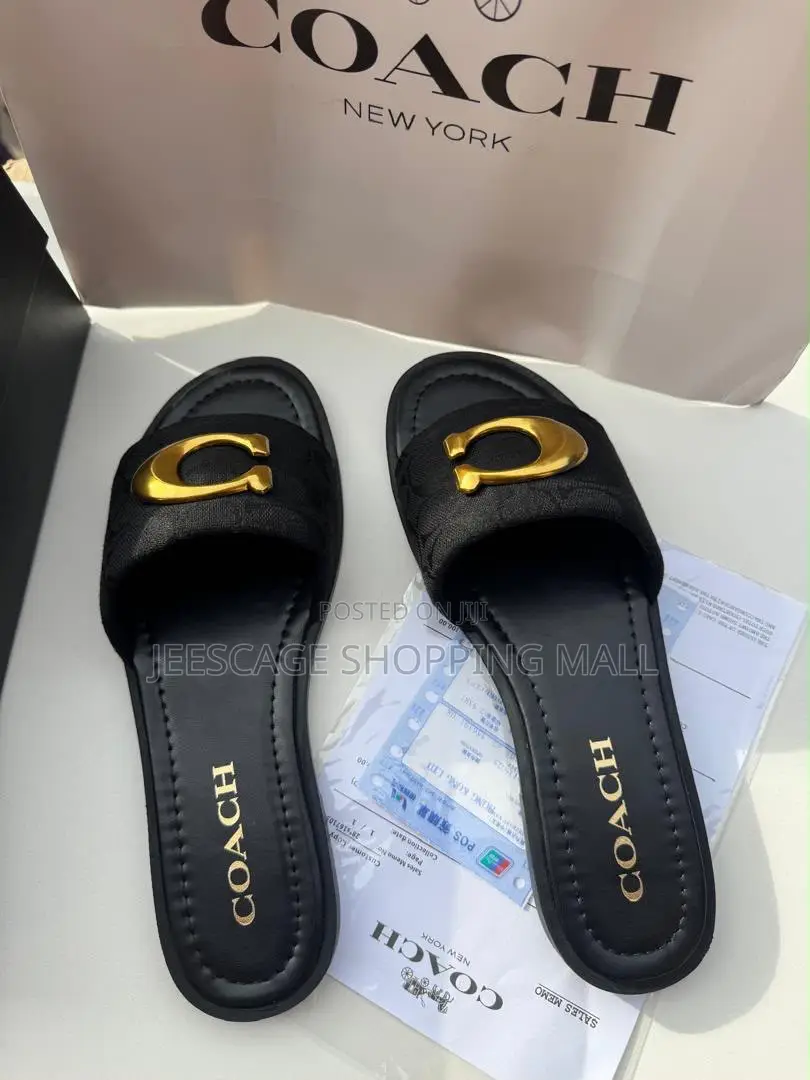 Coach Signature Monogram Slippers Gold-Tone C Logo Flat Slides