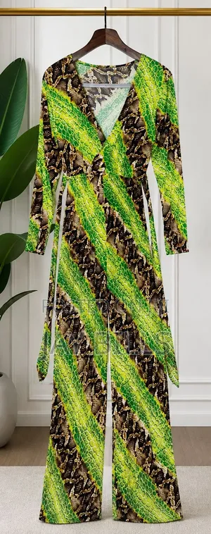 "Women's Green Snake Print Long Sleeve Wrap Wide-Leg Jumpsuit."