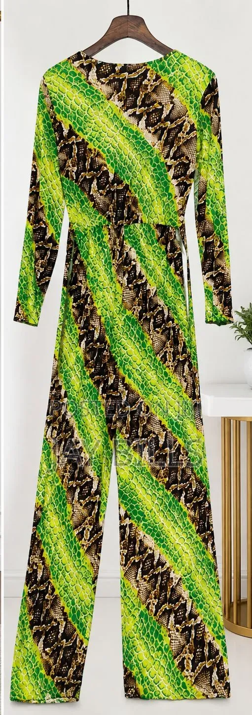 "Women's Green Snake Print Long Sleeve Wrap Wide-Leg Jumpsuit."