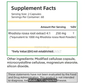 Rhodiola Rosea Capsules 250mg Equivalent to 1000mg Root Powder