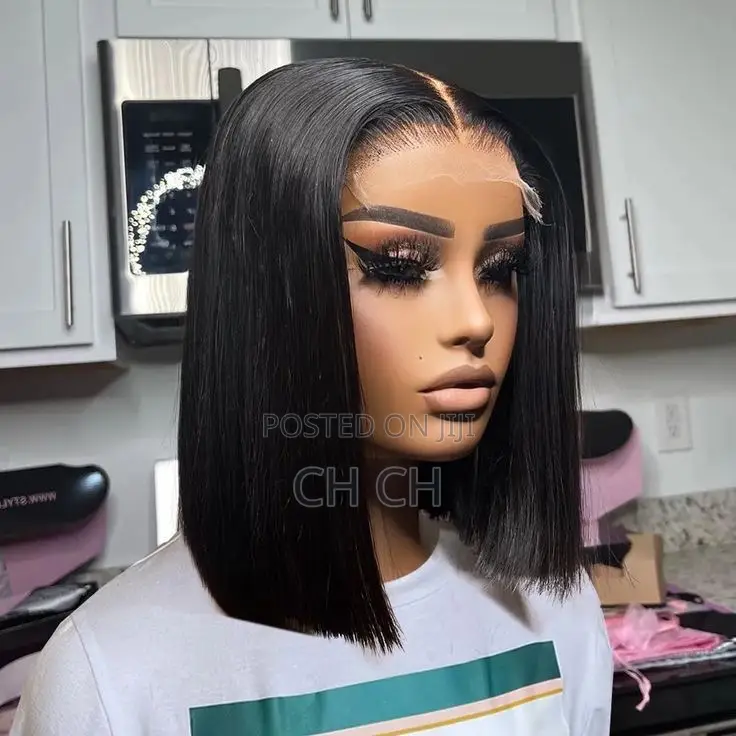 New 100% Human Hair Black 12 Inches Short Bob Wig a 4by4 Closure