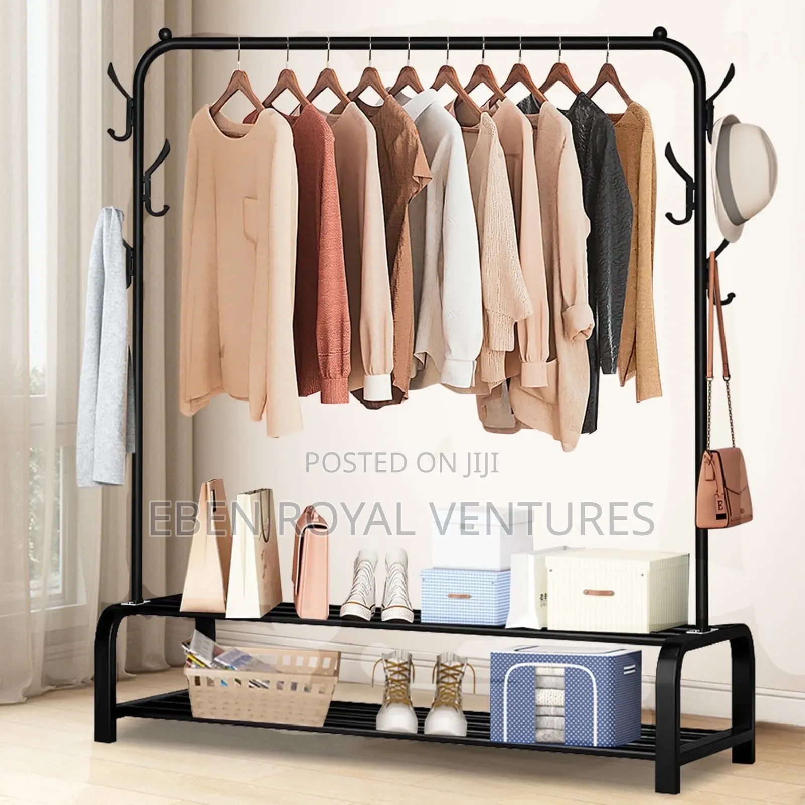 Double Rod Metal With Shelves Clothes and Shoes Rack