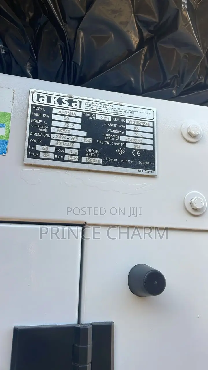 Aksa Generator 46kw 50kva Prime, 55kva Standby Diesel Set at 400/231v.