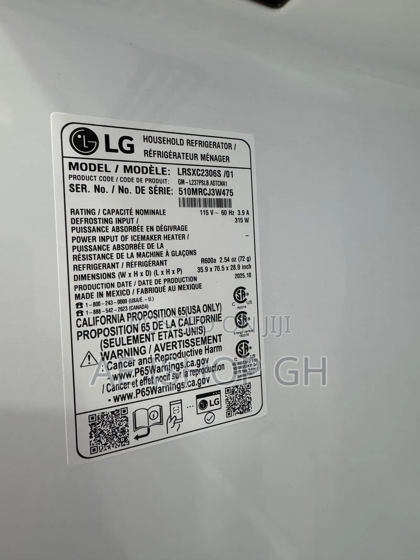 L.G Side by Side Door Refrigerator
