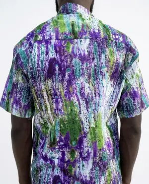 Men’s Purple Green African Print Batik Short-Sleeve Shirt