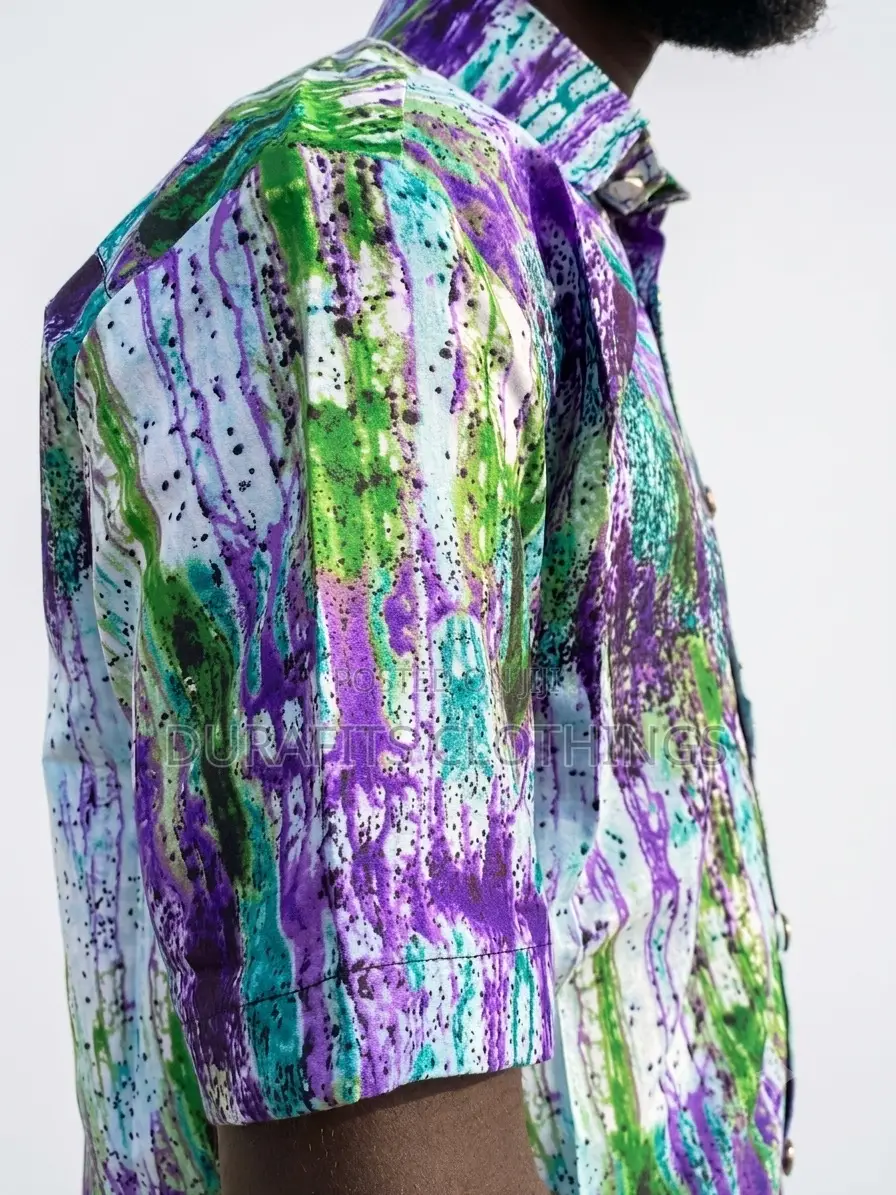 Men’s Purple Green African Print Batik Short-Sleeve Shirt