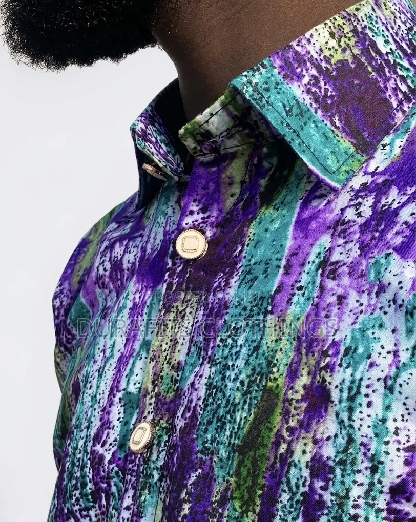 Men’s Purple Green African Print Batik Short-Sleeve Shirt