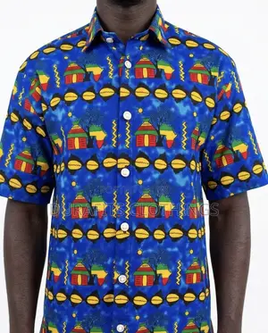 Men’s Blue Heritage Motif African Print Short-Sleeve Shirt