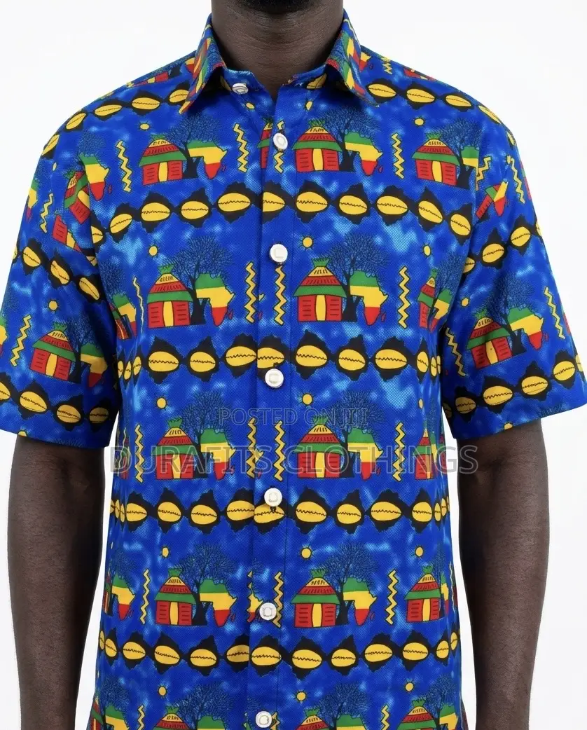 Men’s Blue Heritage Motif African Print Short-Sleeve Shirt