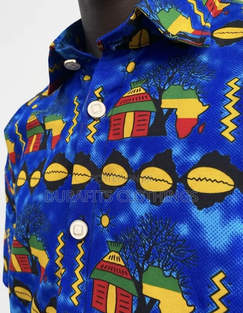 Men’s Blue Heritage Motif African Print Short-Sleeve Shirt