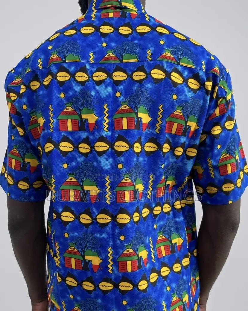Men’s Blue Heritage Motif African Print Short-Sleeve Shirt