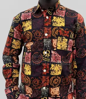 Men’s Earthy Geometric African Print Long-Sleeve Shirt