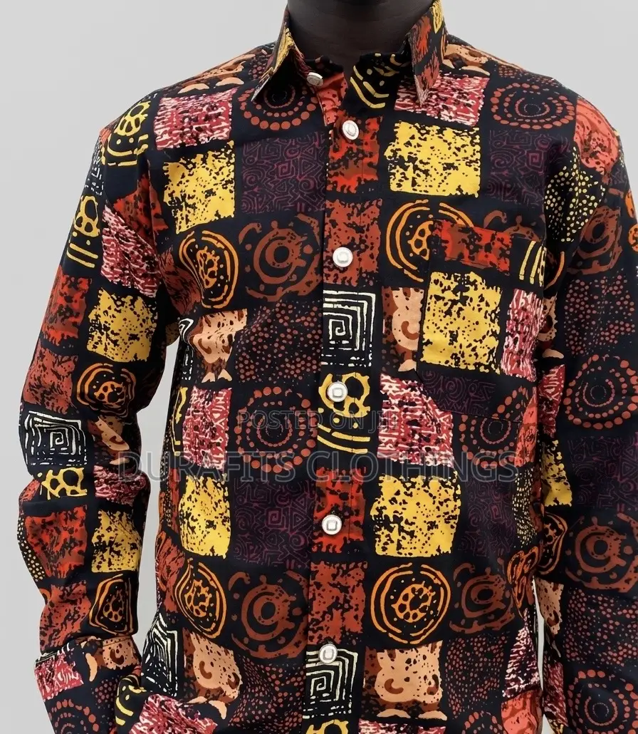 Men’s Earthy Geometric African Print Long-Sleeve Shirt