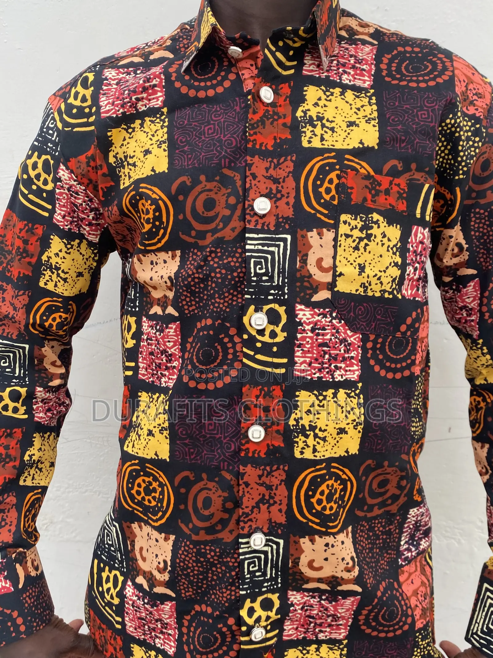 Men’s Earthy Geometric African Print Long-Sleeve Shirt