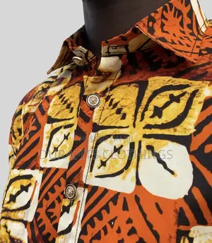 Men’s Orange Geometric African Print Short-Sleeve Shirt