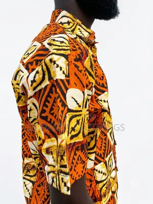Men’s Orange Geometric African Print Short-Sleeve Shirt