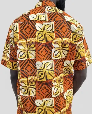 Men’s Orange Geometric African Print Short-Sleeve Shirt