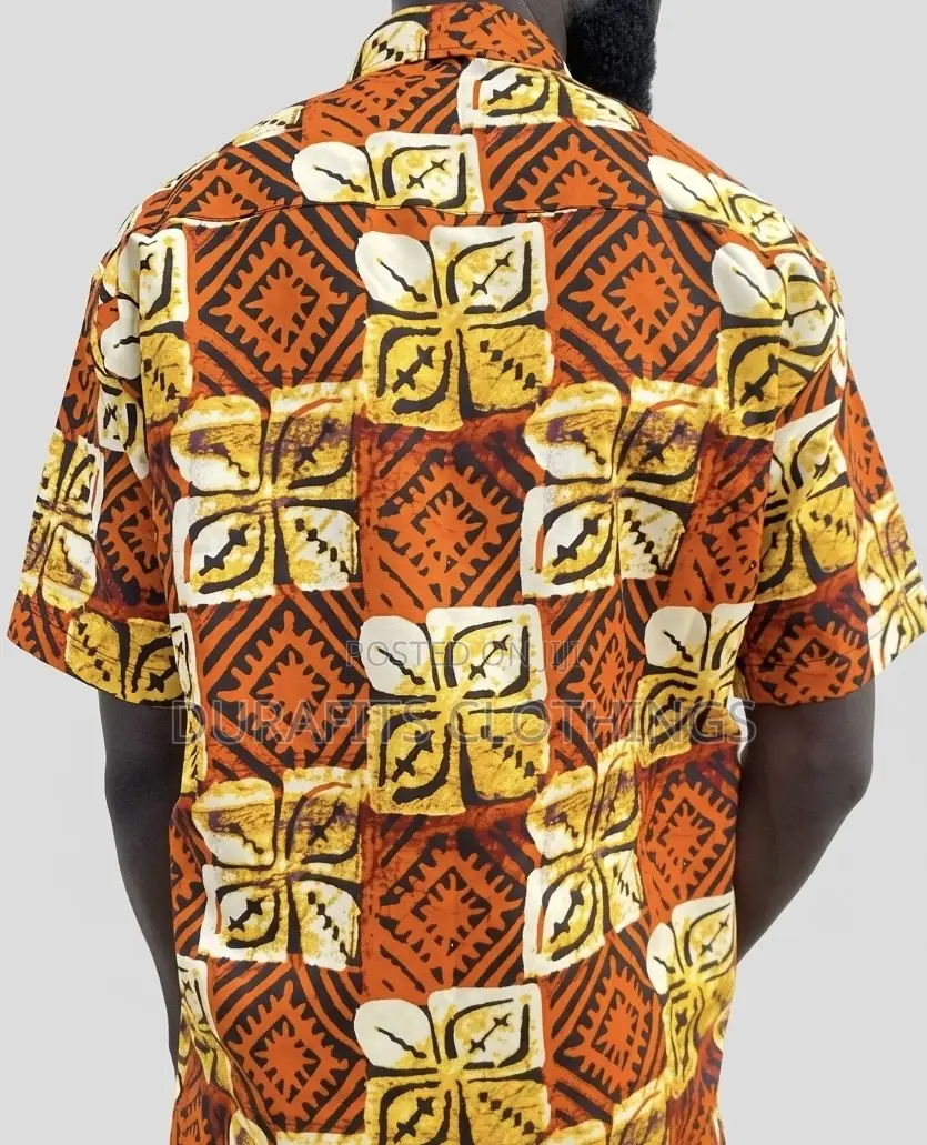 Men’s Orange Geometric African Print Short-Sleeve Shirt