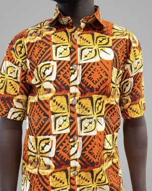 Men’s Orange Geometric African Print Short-Sleeve Shirt