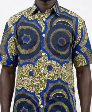 Men’s Blue Yellow Mandala African Print Short-Sleeve Shirt