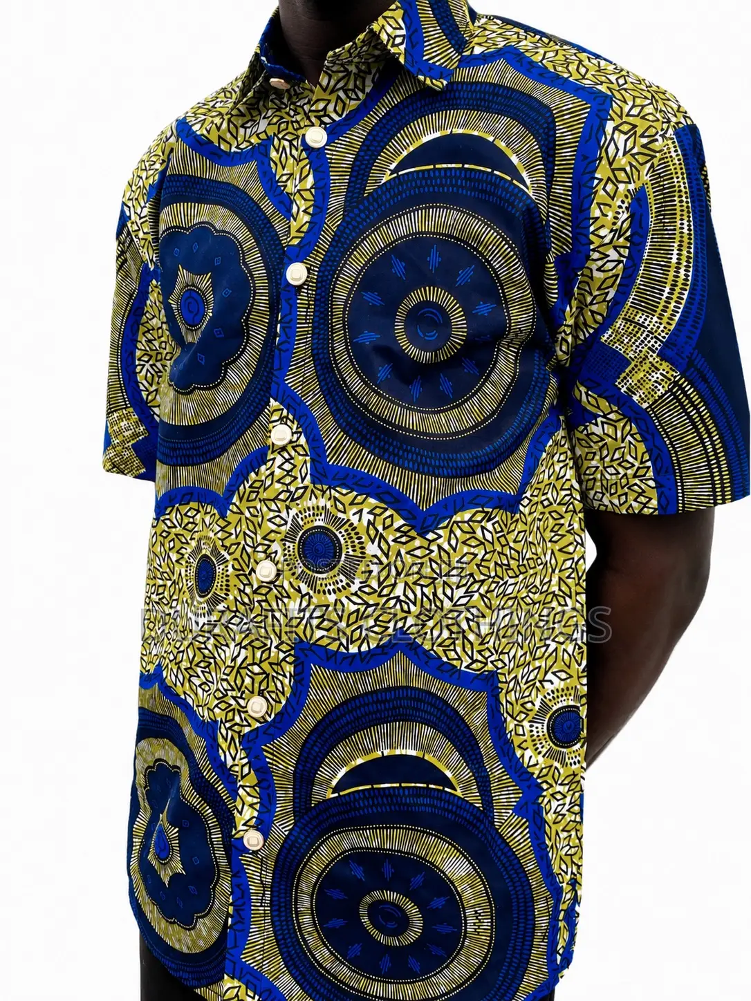 Men’s Blue Yellow Mandala African Print Short-Sleeve Shirt