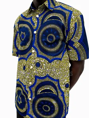 Men’s Blue Yellow Mandala African Print Short-Sleeve Shirt