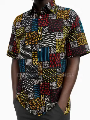 Men’s Black Tribal Symbols African Print Short-Sleeve Shirt