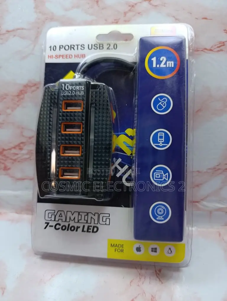 10-Port High-Speed USB 2.0 Gaming Hub With 7-Color LED