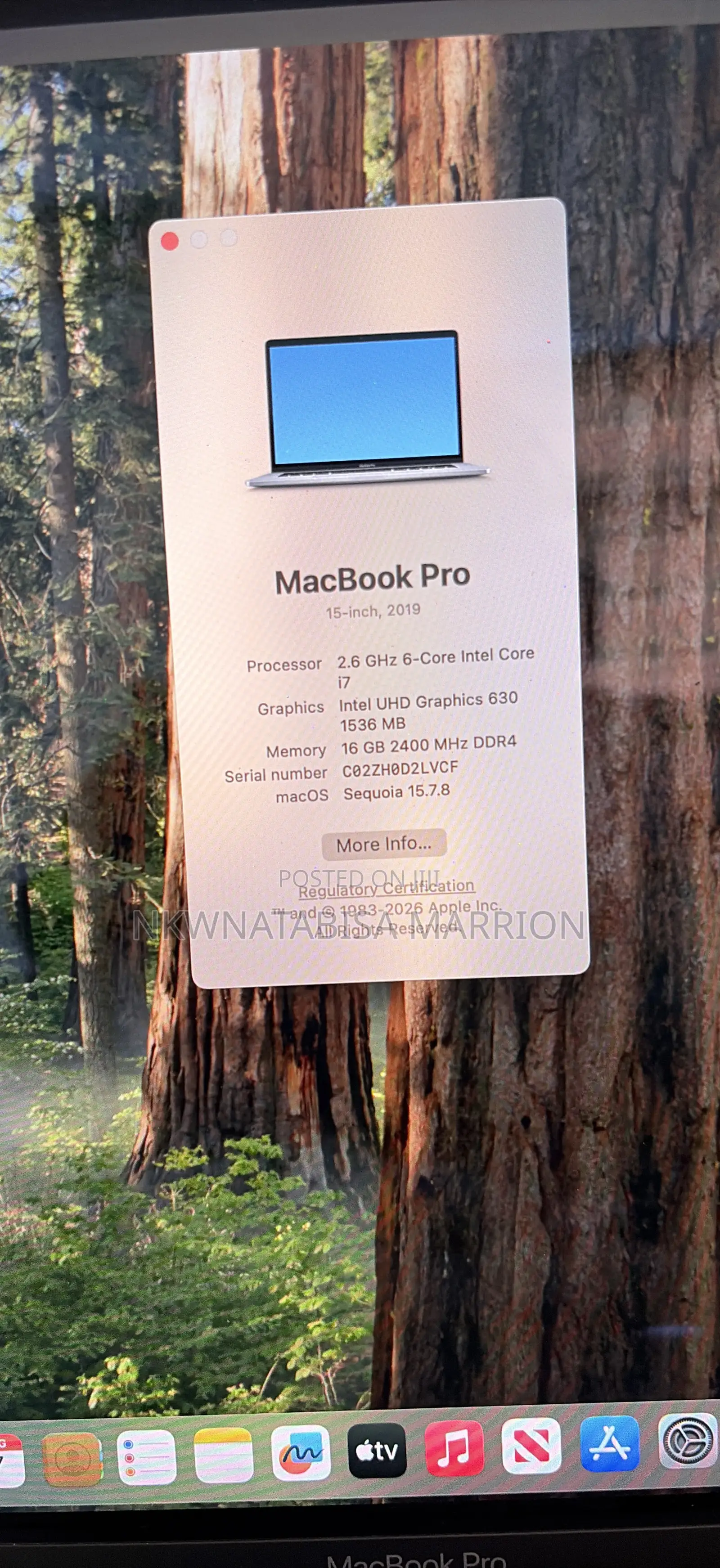 Laptop Apple MacBook Pro 2019 16GB Intel SSD 256GB