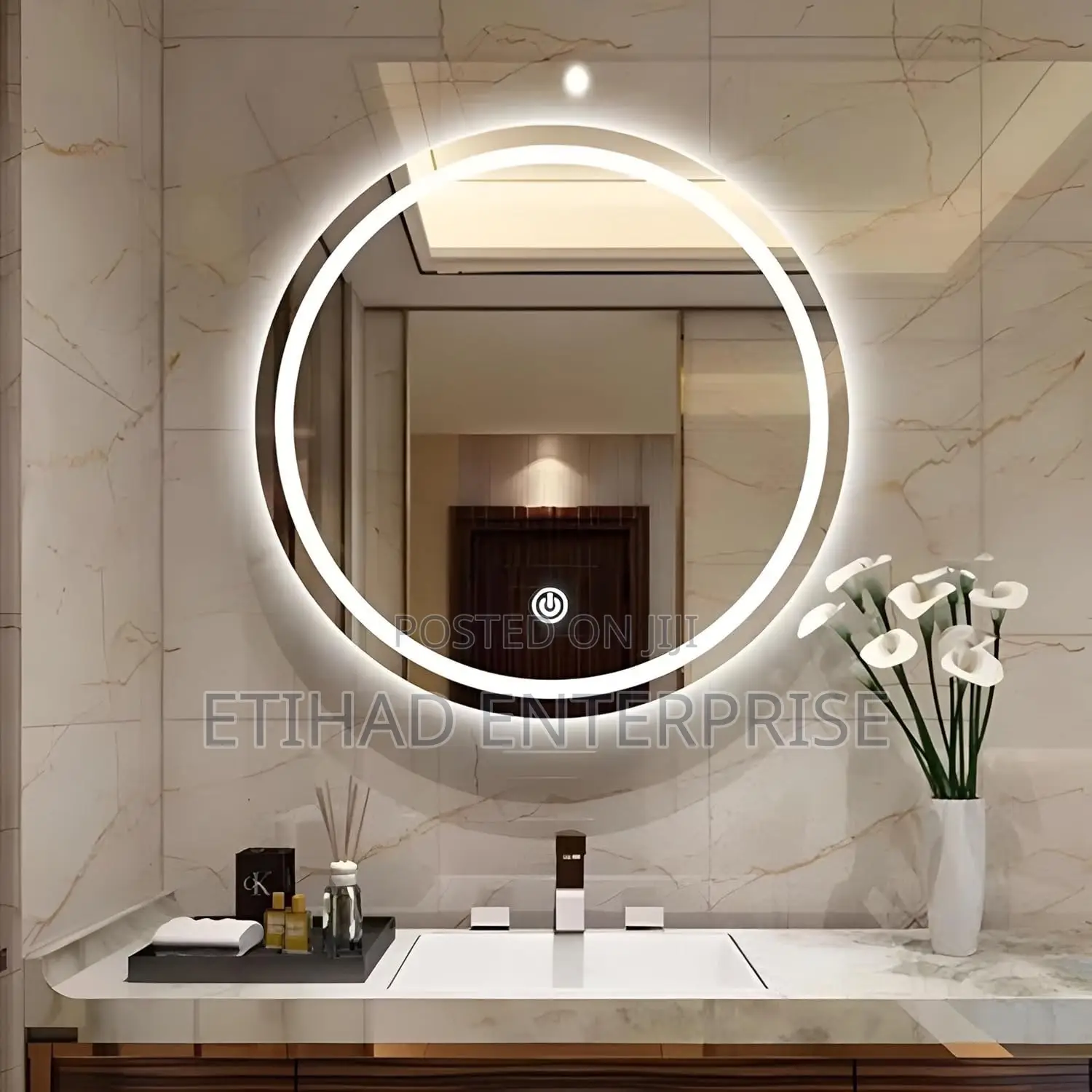 Round LED Bathroom Mirror With Touch Sensor Backlit Halo Light