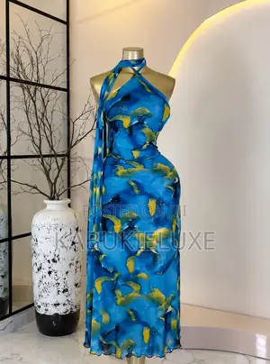 Blue Printed Halter Neck Maxi Dress – Elegant Stylish