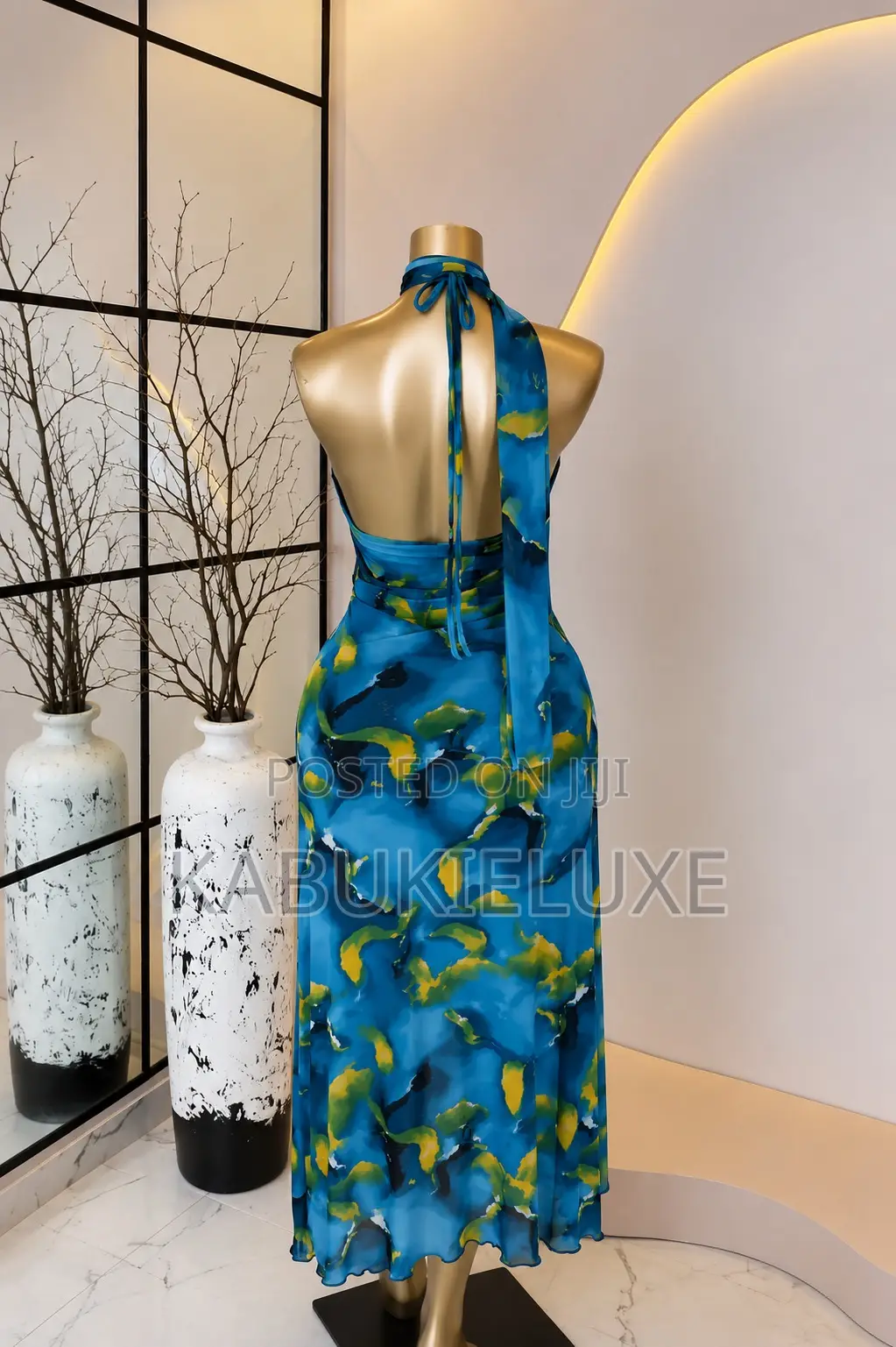 Blue Printed Halter Neck Maxi Dress – Elegant Stylish