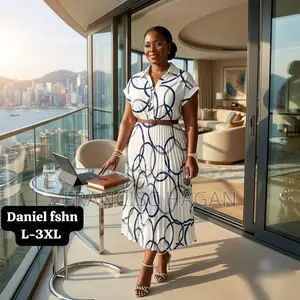 Daniel FSHN White Navy Geometric Pleated Shirt Dress | Sizes L-3xl