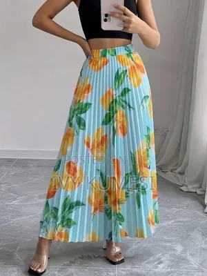 Boho Floral Pleated Maxi Skirt With Elastic High Waist