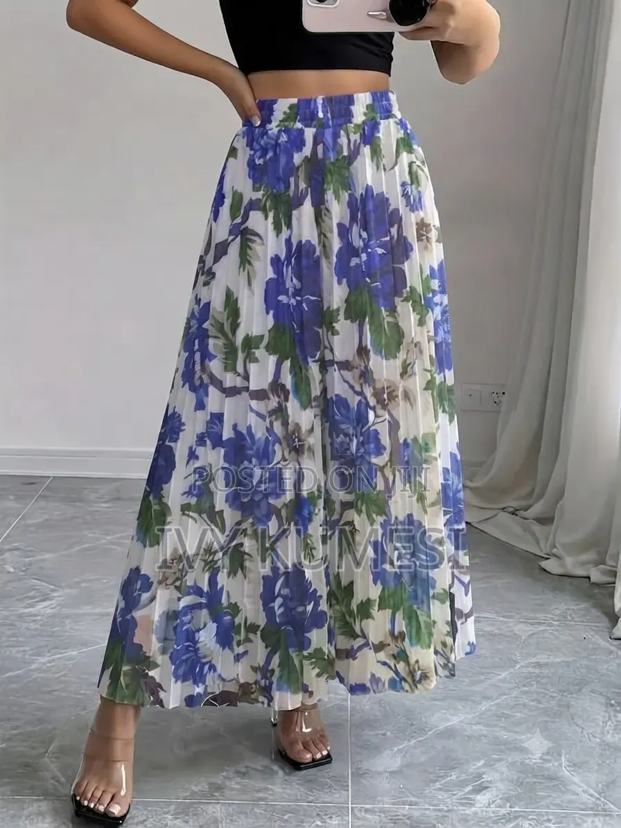 Boho Floral Pleated Maxi Skirt With Elastic High Waist