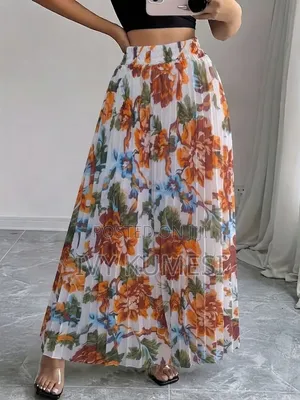 Boho Floral Pleated Maxi Skirt With Elastic High Waist